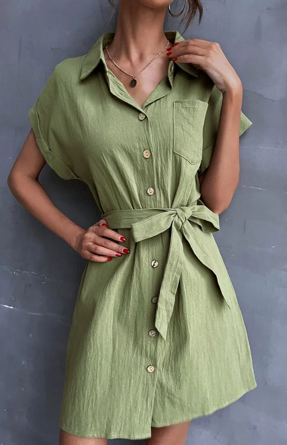 Women's Shirt Dress Green Lace Up Short Sleeve Cotton Linen Dress