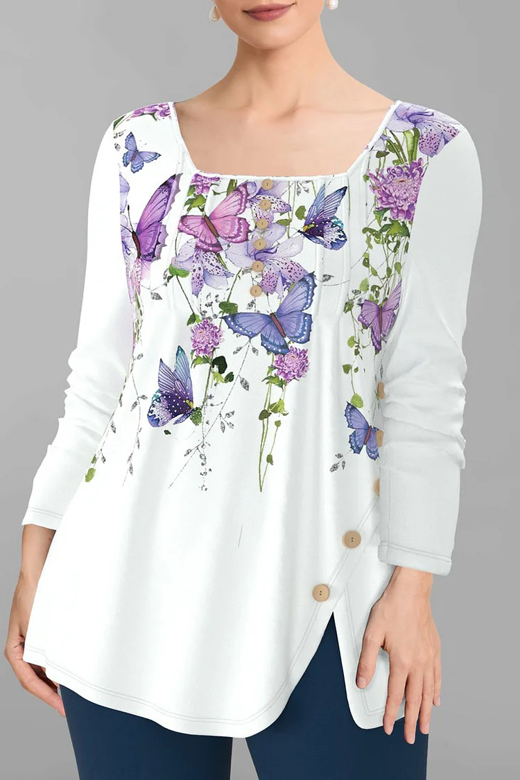 Flycurvy Plus Size Casual White Butterflies Print Square Neck Split Hem Decorative Buttons Blouses  Flycurvy [product_label]