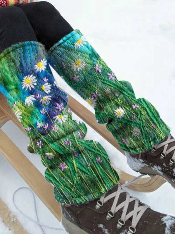 Floral retro print knit boot cuffs leg warmers