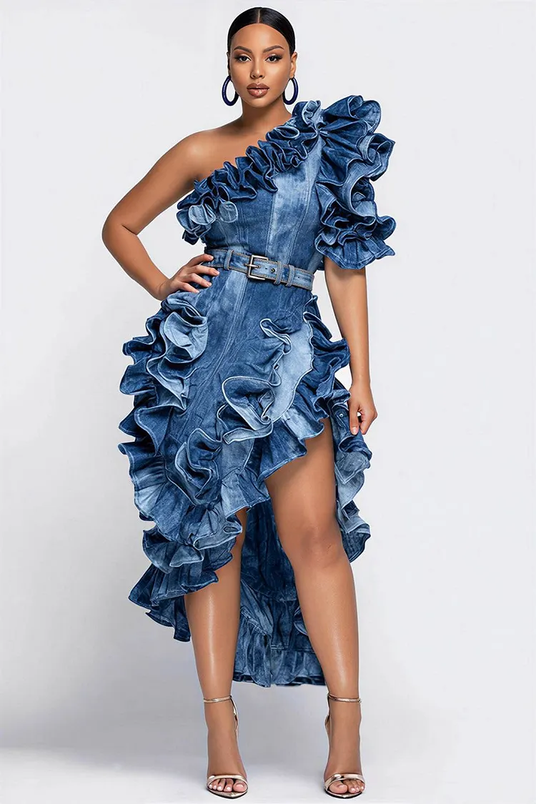 Xpluswear Design Plus Size Party Blue One Shoulder Short Sleeve Ruffle Contrast Denim Midi Dresses [Pre-Order] 2024 - Xpluswear