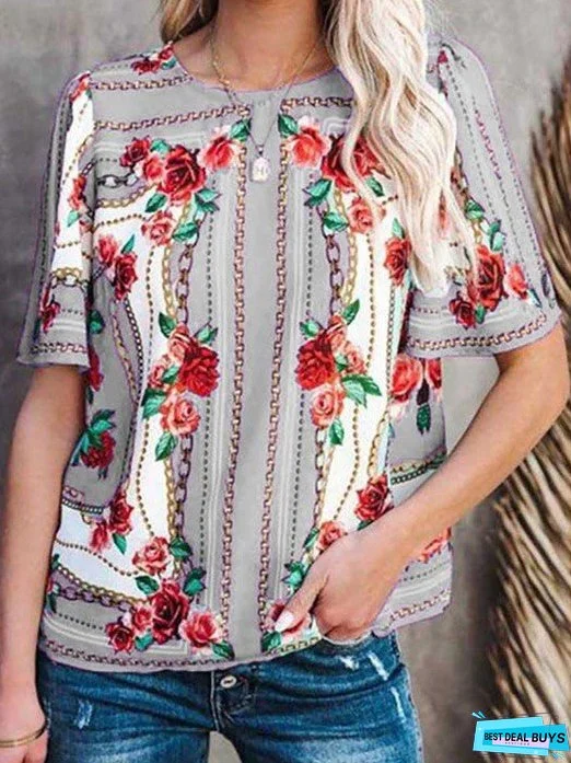 Crew Neck Short Sleeve T-Shirt Print Top