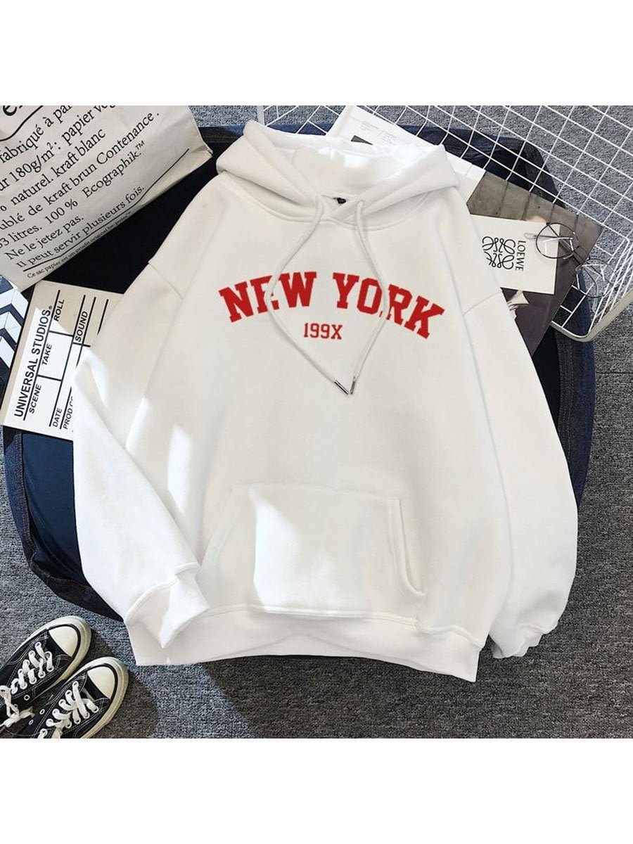 Women's Pullover Hoodie New York Print Long Sleeve Casual Hooded Sweatshirt