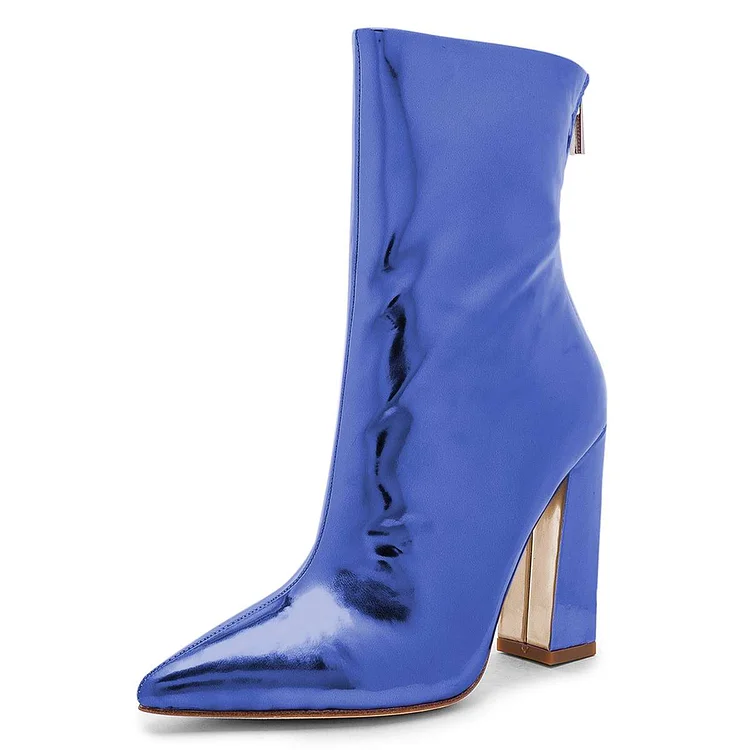 Blue Mirror Leather Chunky Heel Boots Ankle Boots |FSJ Shoes