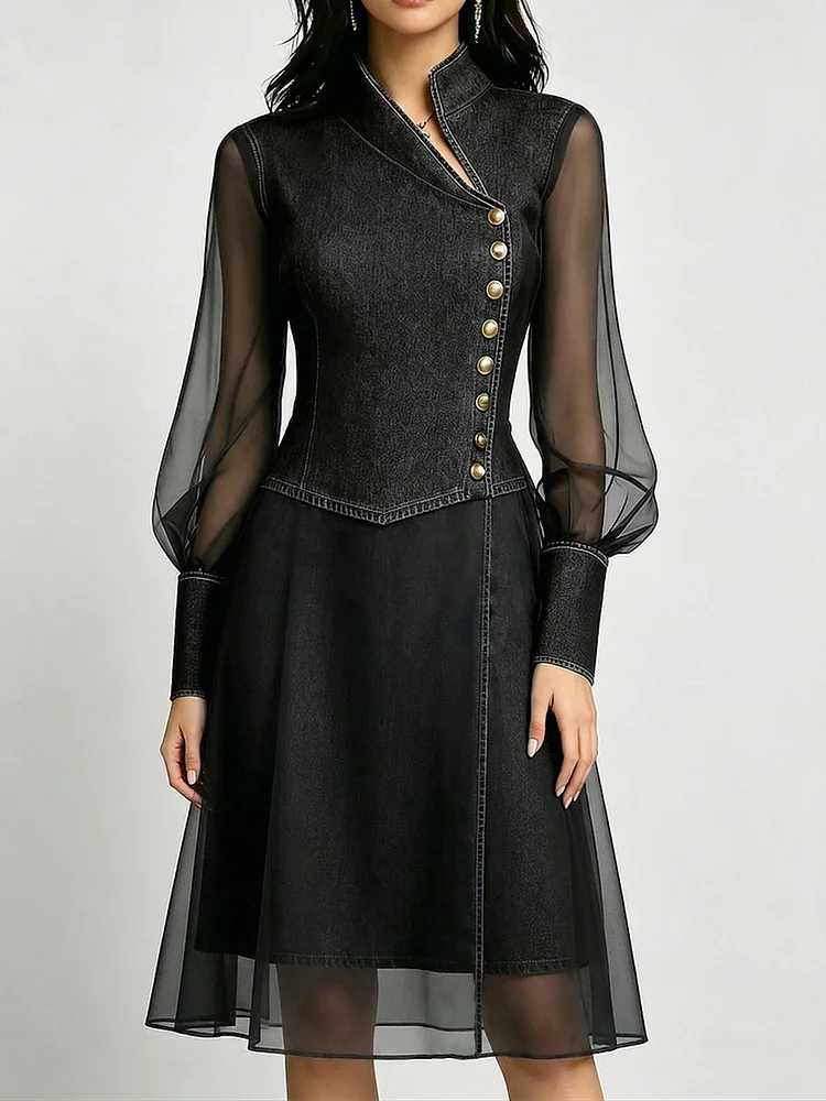 Stylish Stand-collar Organza-paneled Denim Dress