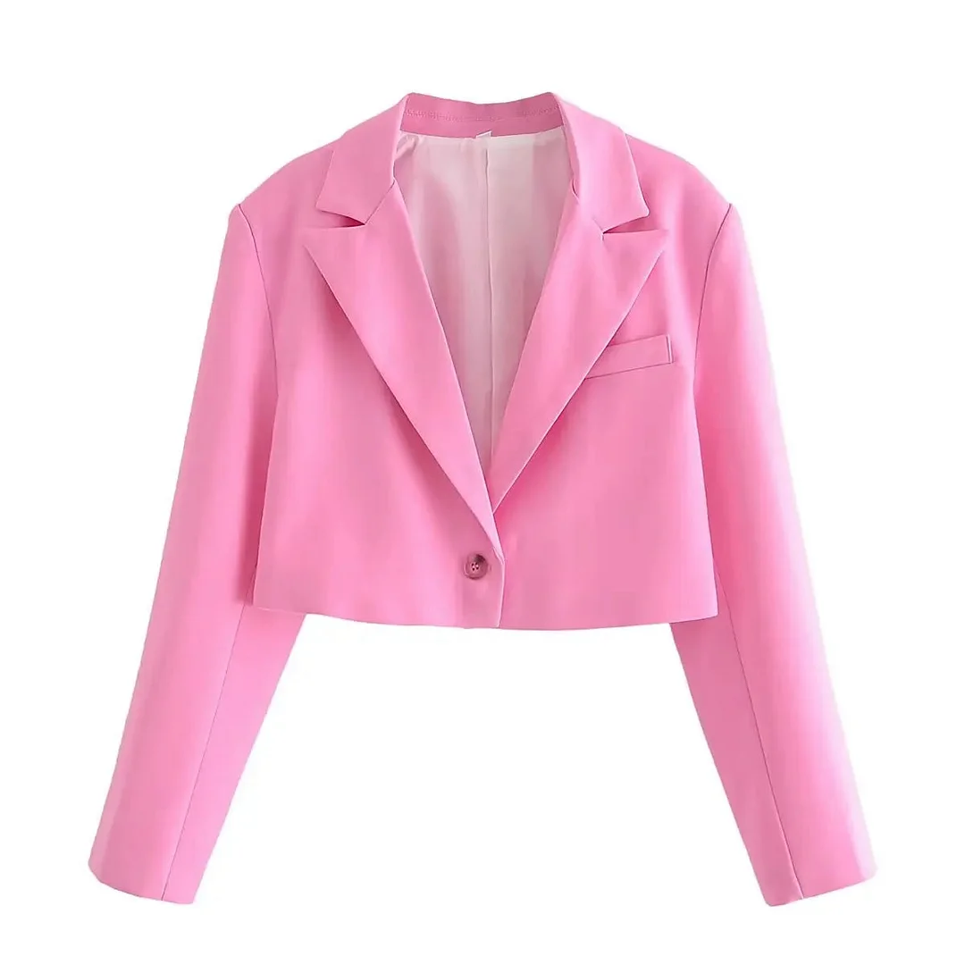 Tlbang 2024 Women Single Button Pink Crop Blazer Vintage Long Sleeve Lapel Collar Elegant Ladies Office Suit Coat