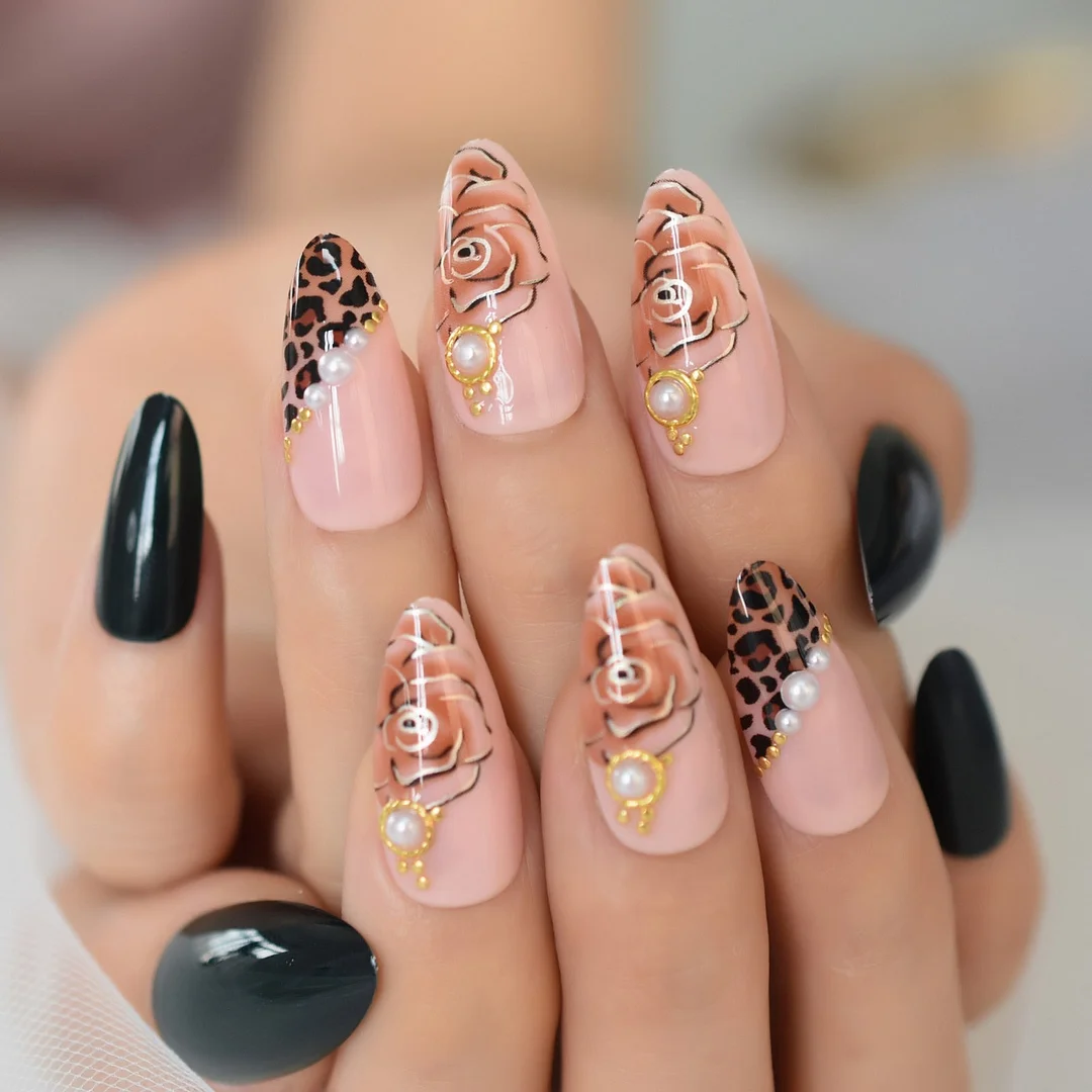 Pink Fake Nails Press On Full Cover Acrylic Nail Tips Flower Almond Medium False Nail With Design Pearl Decoration-Nail Inspo