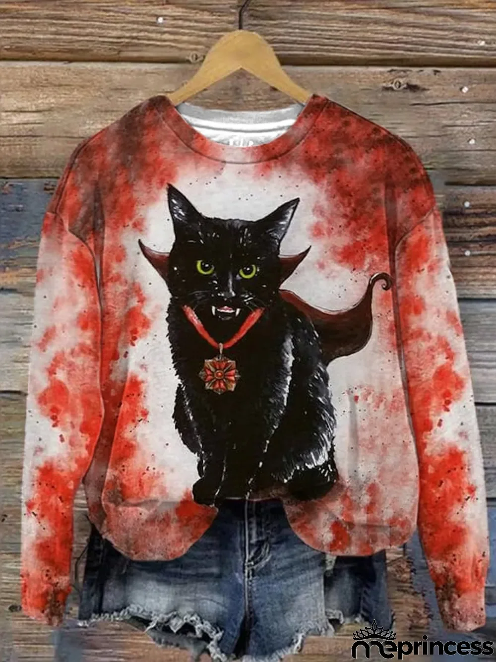 Women's Vintage Halloween Black Cat Print Sweatshirt