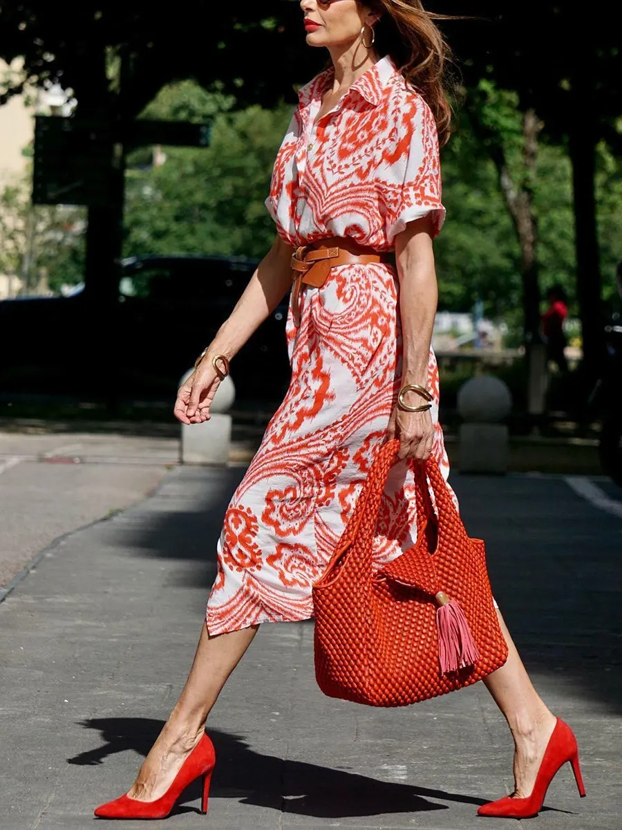 Trendy Printed Midi Shirt Dress