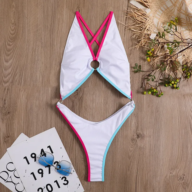 Churchf 2023 New Sexy Leak Back-Colored Pit Strip Conjoined Swimsuit Bikini Bikini