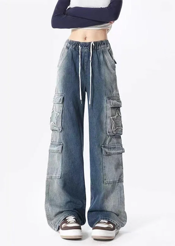 Casual Blue Gradient Pockets Drawstring Elastic Waist Denim Pants Spring