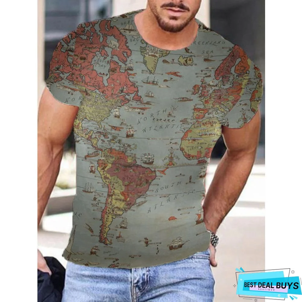 Trendy Men's Round Neck Slim Fit T-Shirt Personalized Map Print Short Sleeve