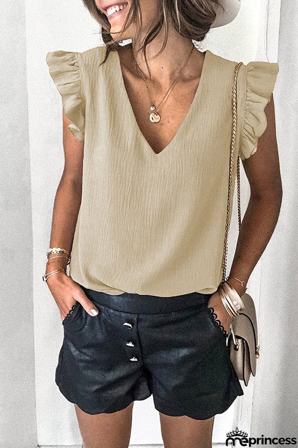 Casual T-shirt Solid V-neck Pullover Ruffle Sleeve Top