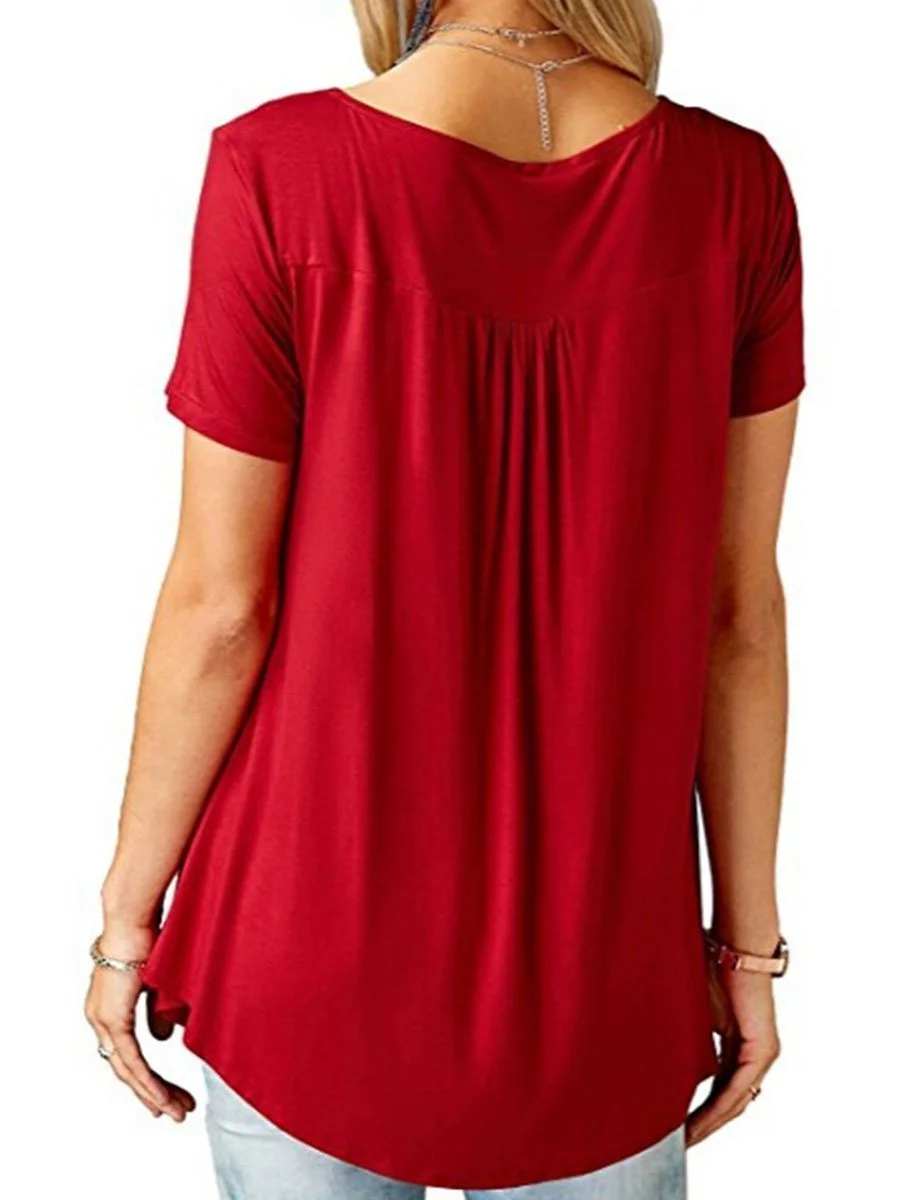 V-Neck  Asymmetric Hem Button Short Sleeve T-Shirts