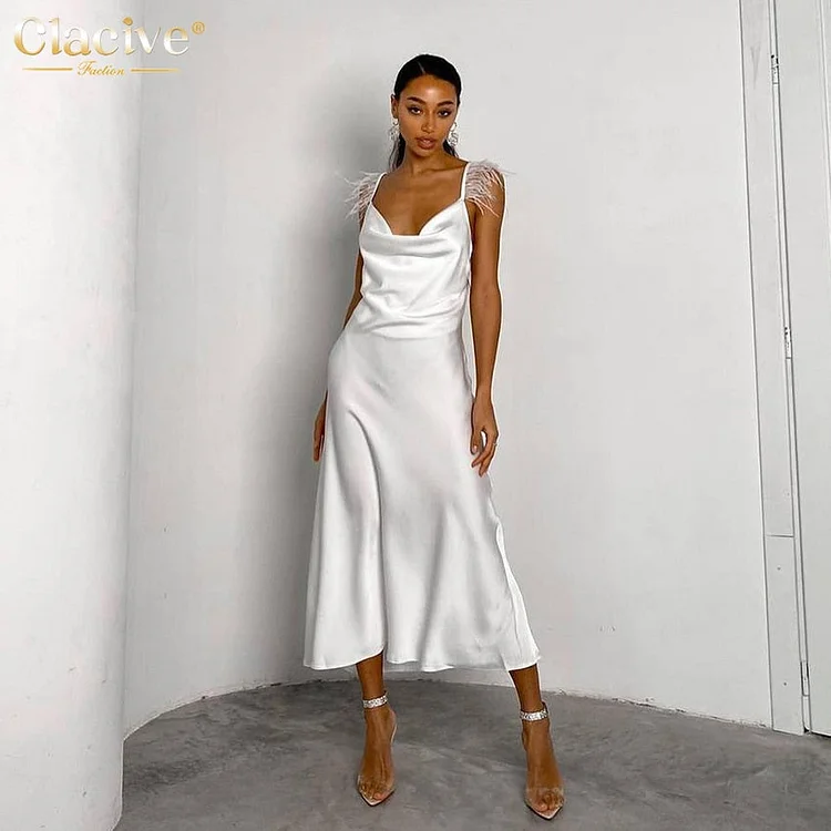 Clacive Women Sexy Strap Satin White Dress Summer Sleeveless Backless Feather Midi Dress Lady Elegant Slim Solid Party Dresses