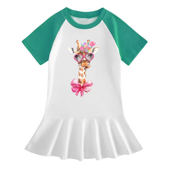 【18M-9Y】Giraffe With Heart Sunglasses Ruffle Dress For Girls