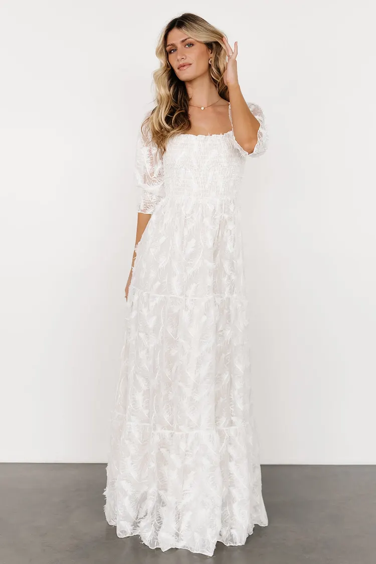 Smocked Feather Floral Maxi Dress - Off White