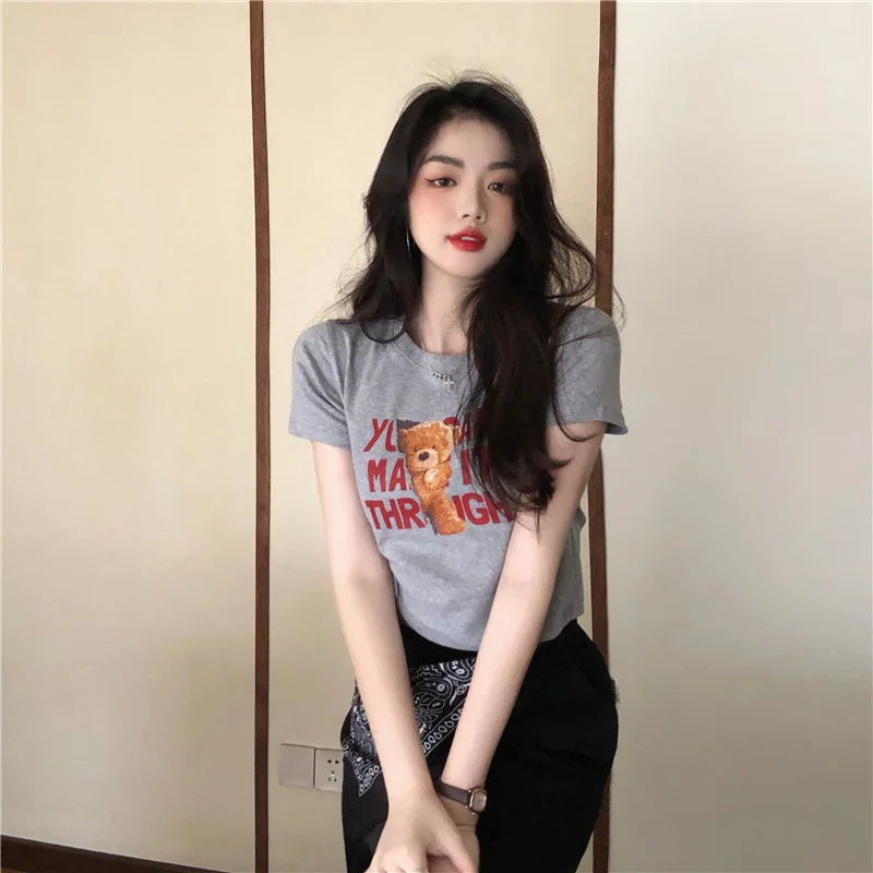 Uveng Uveng 2023 New Korean Letter Bear Print Short-Sleeved T-Shirt Women Slim Short Top Women's Wear