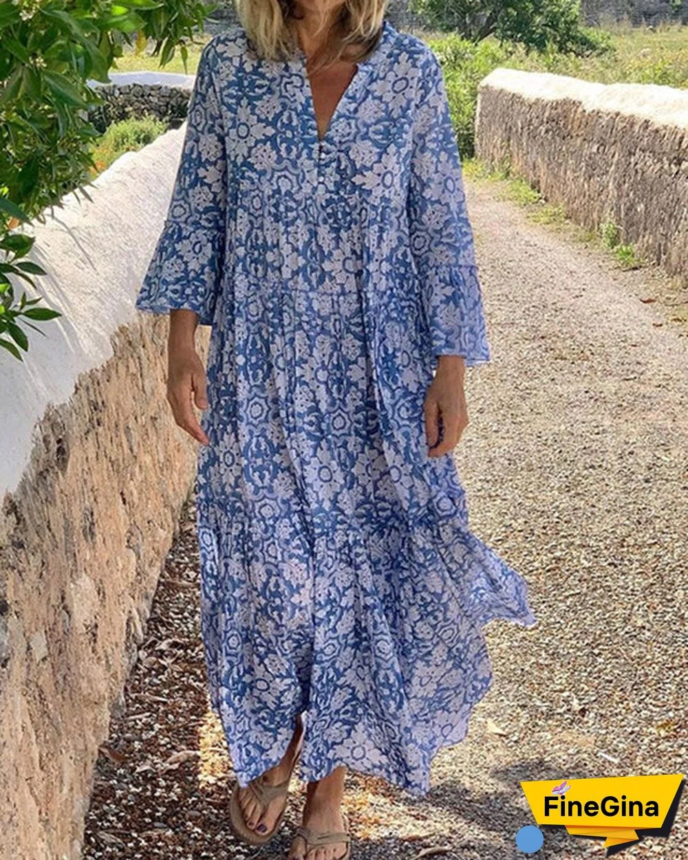 V-Neck Printed Swing Long Sleeve Bohemian Dress