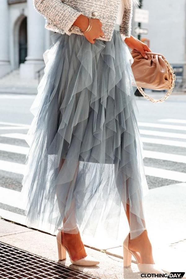 Allegro Ruffle Tulle Midi Skirt Grey Blue