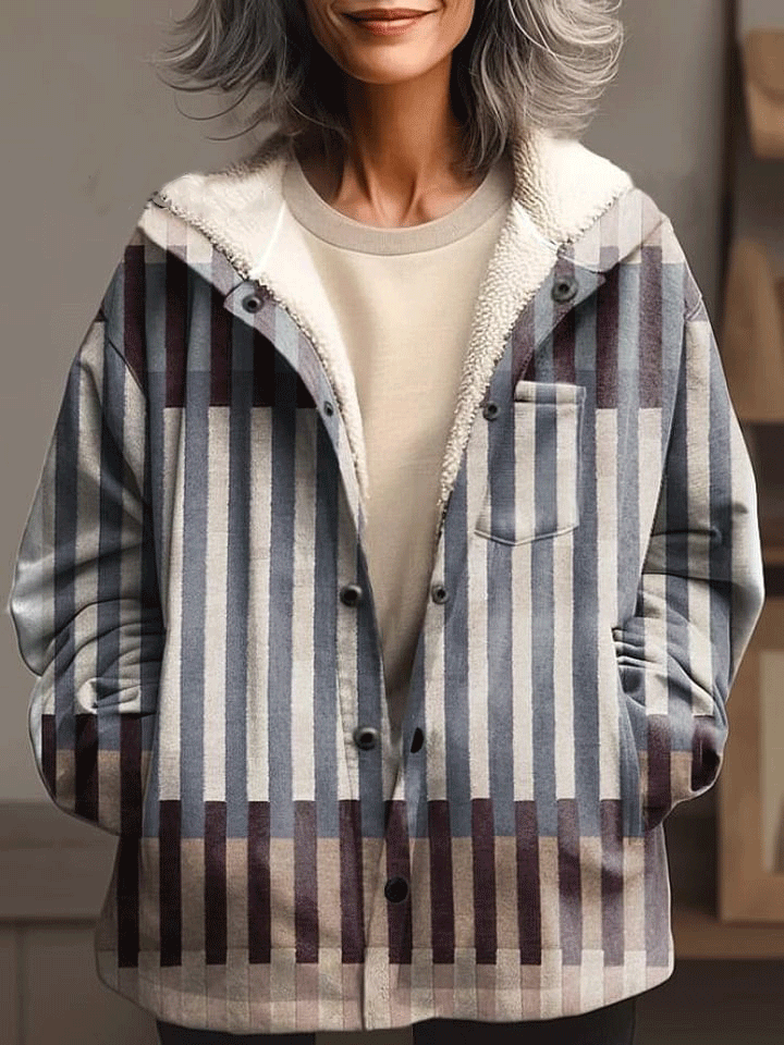 Women's Vertical Stripe Art Print Waffle Plush Thickened Long Sleeve Hooded Jacket