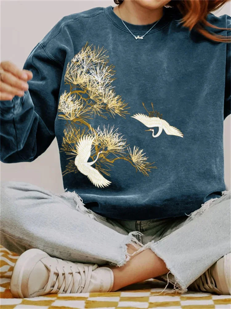 Japanese Cranes in Spring Sweatshirt Cranes and Flowers 