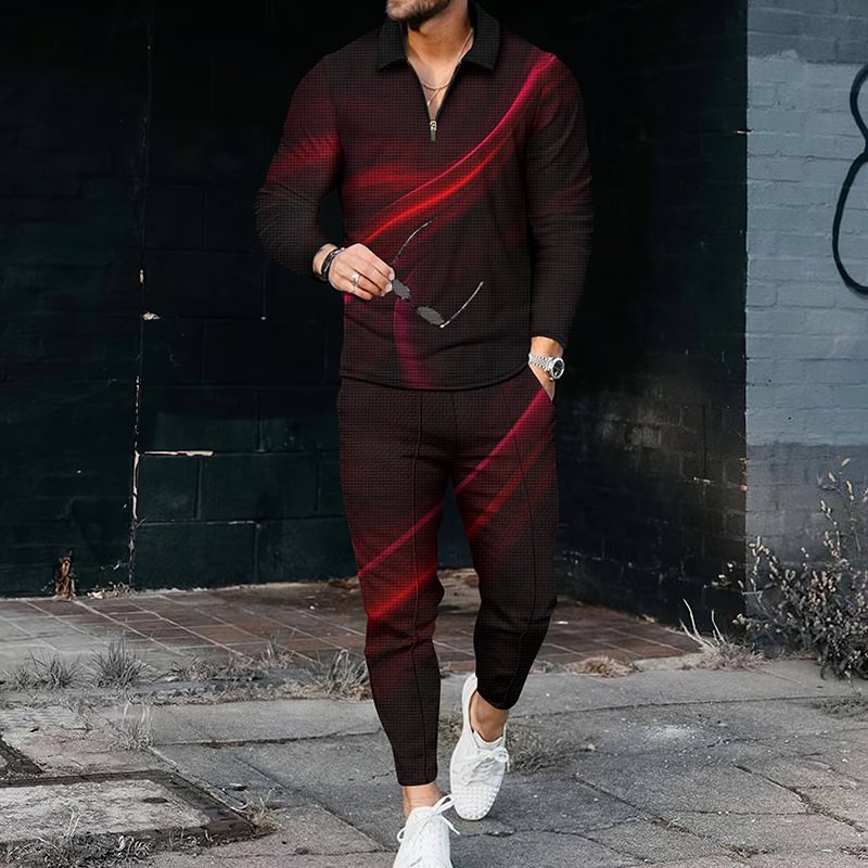 Men's Gradient Polo Shirt And Pants Two Piece Set
