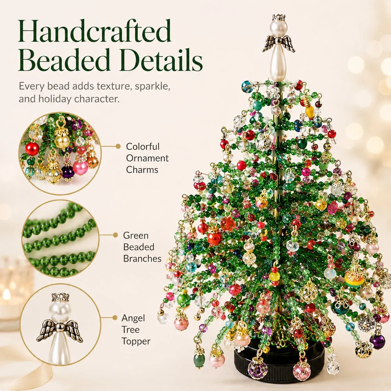 Close-up of beaded Christmas tree details