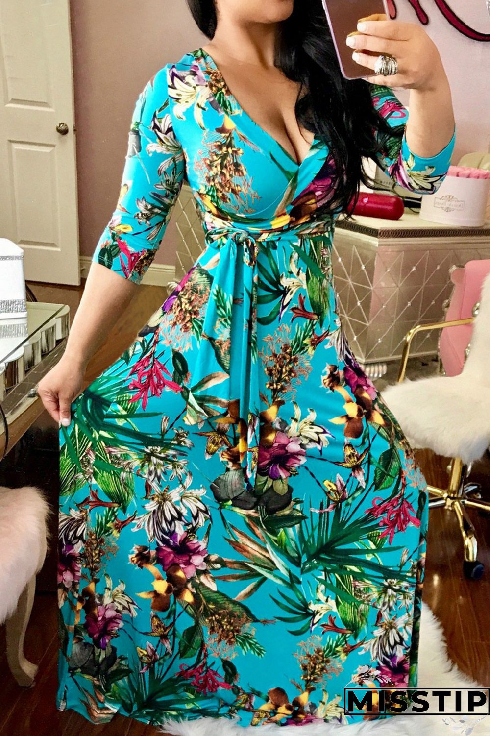 Blue Fashion Casual Print Bandage V Neck Long Sleeve Dresses