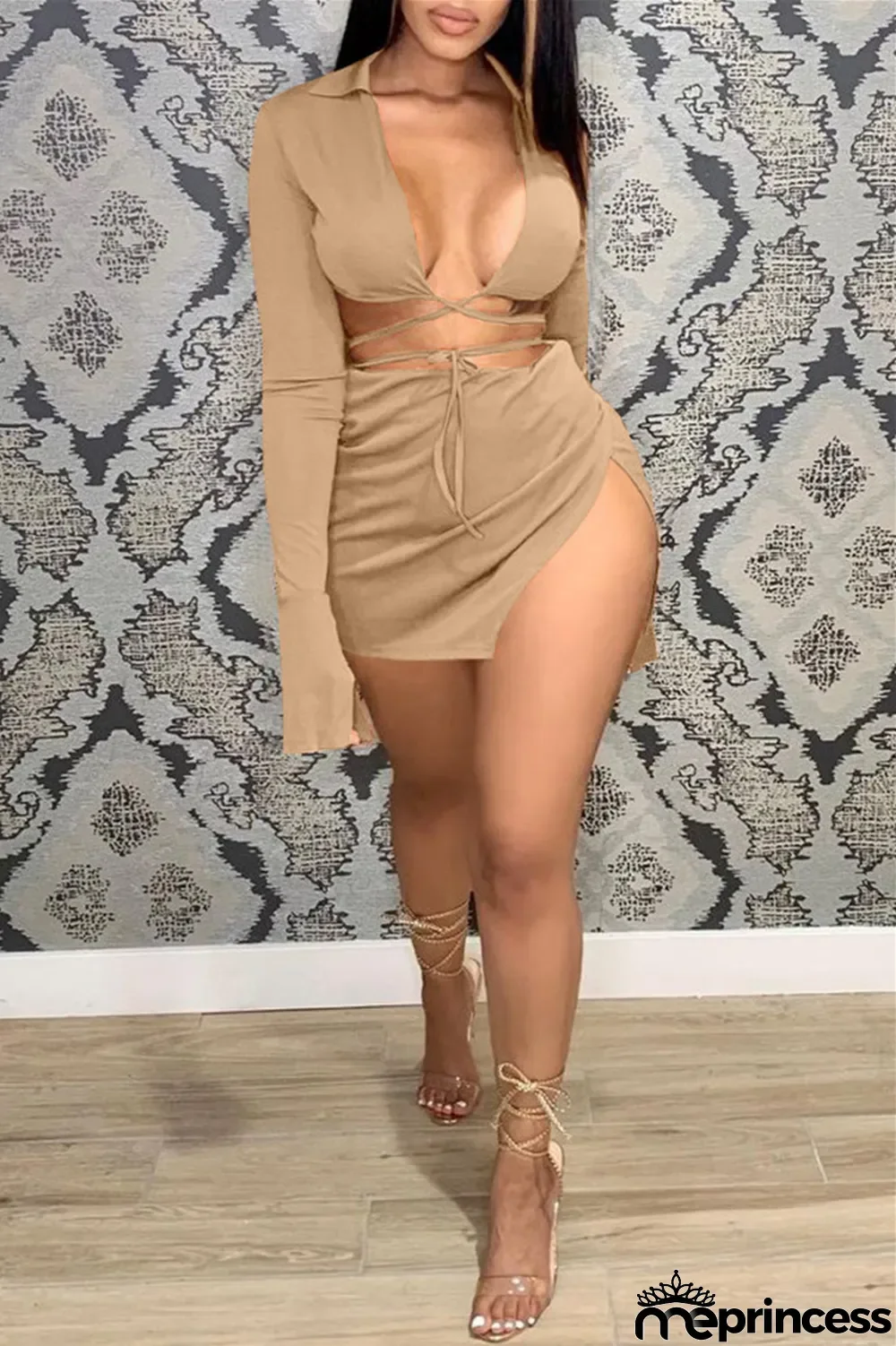 Black Sexy Casual Solid Bandage Slit V Neck Long Sleeve Two Pieces