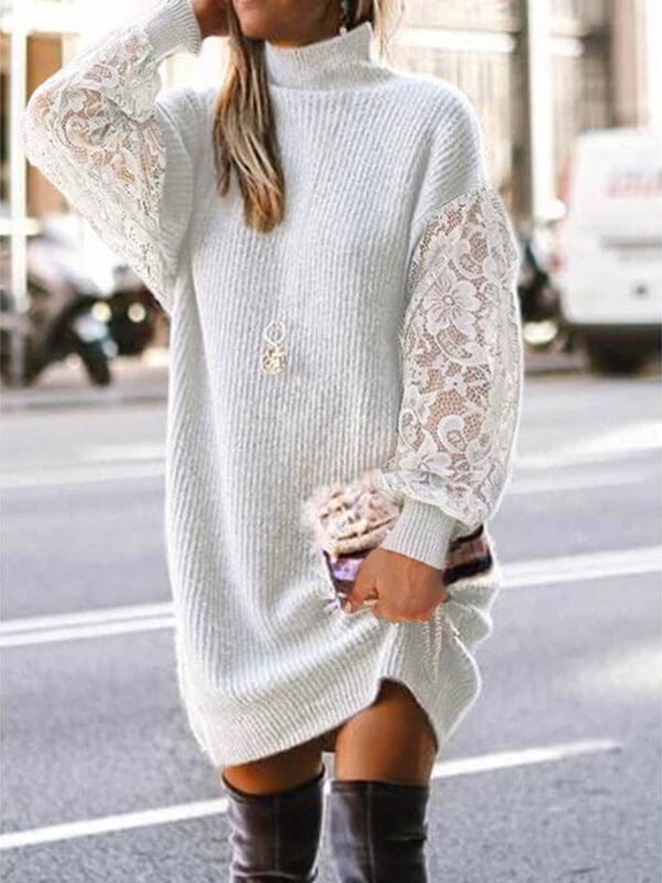 Lace Puff Sleeve Turtleneck Knitted Dress
