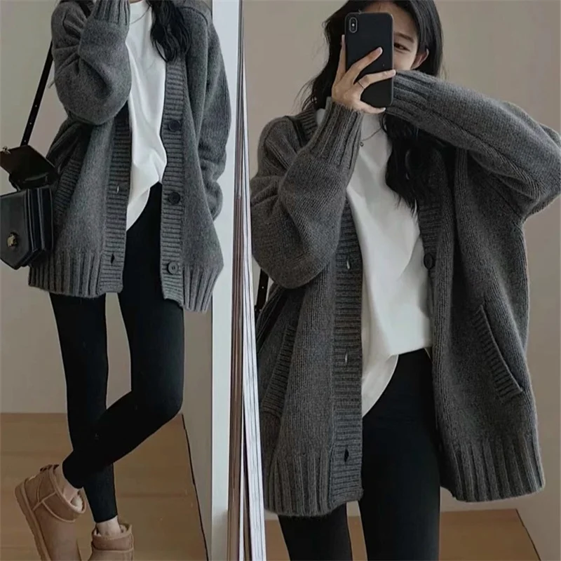 Athvotar Athvotar 2025 New Fashion Lace V-Neck Sweater Solid Color Loose Long-Sleeved Knitwear Shirt