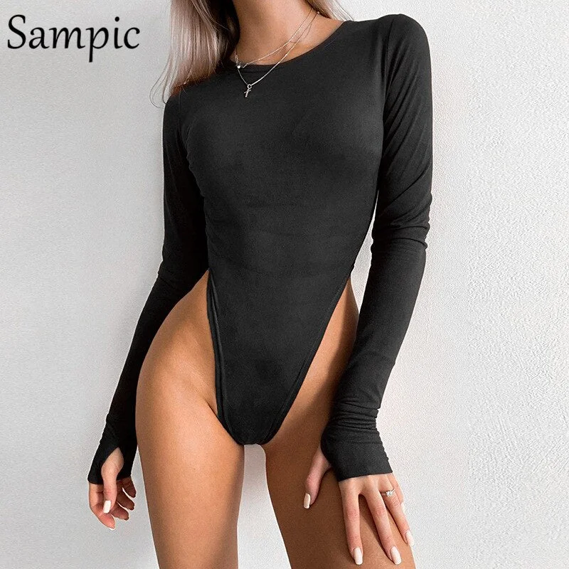 Sampic O Neck Casual Suede Sexy Women Bodysuit Basic Tops Black 2020 Autumn Long Sleeve Solid Skinny Bodysuits Streetwear