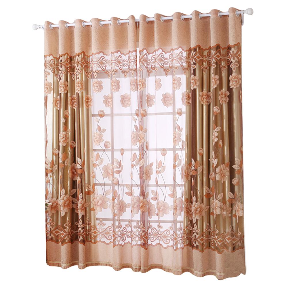 

2pcs Floral Printed Sheer Voile Tulle Drapes Windows Curtains (Coffee), 501 Original