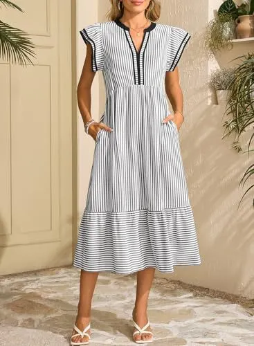 Women's Striped V-neck Flutter Sleeve Long Dress