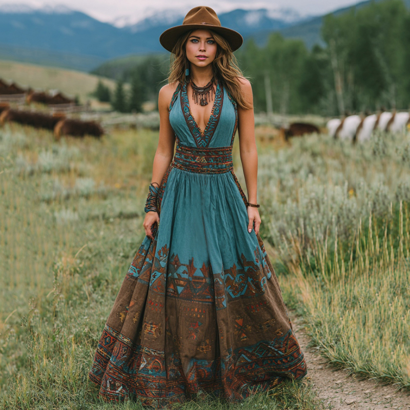 Women's Vintage Western Geometric Print V-neck Tank Maxi Dress
