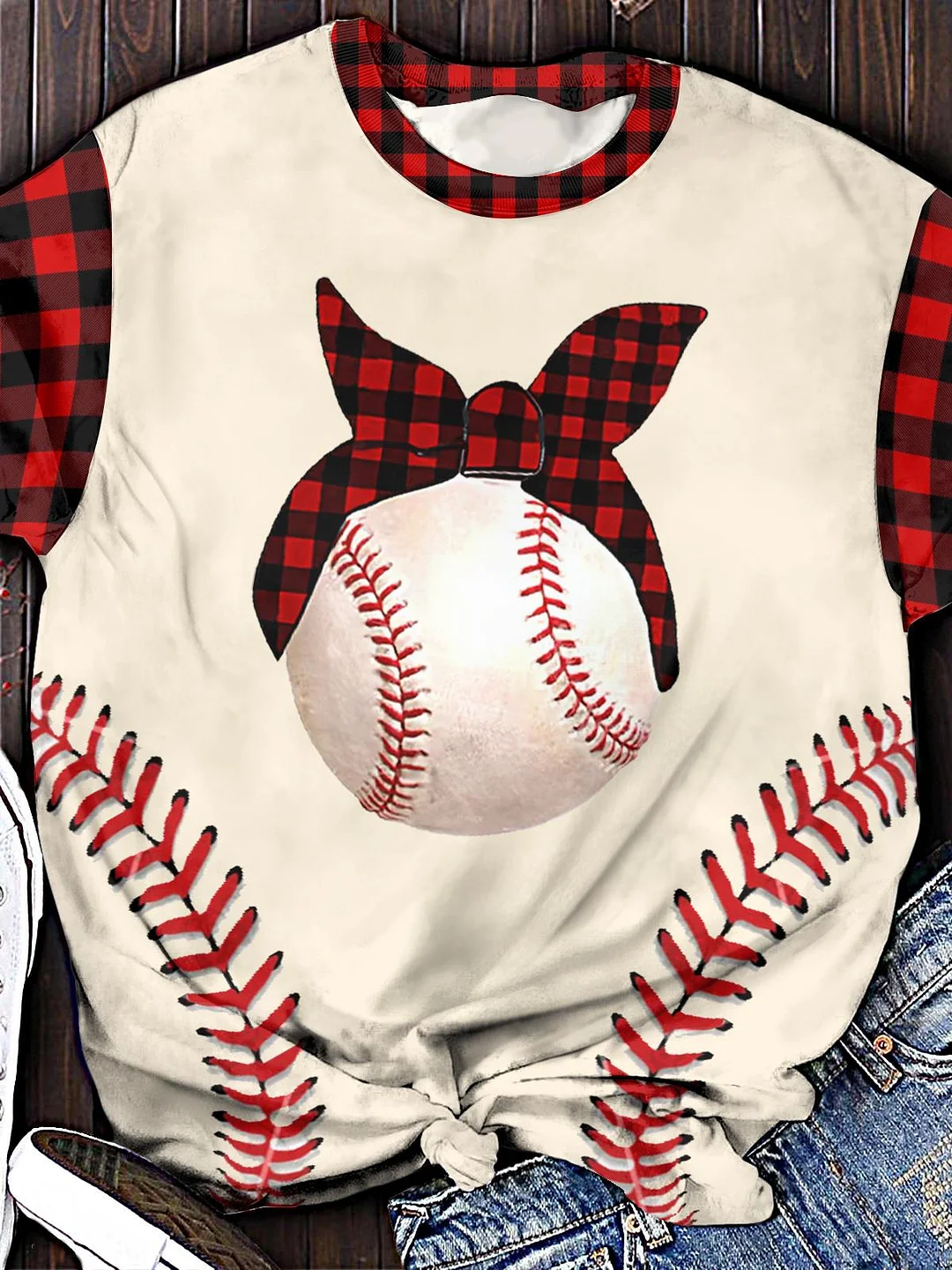 Christmas Baseball Red Buffalo Plaid Bandana Print Crew Neck T-shirt