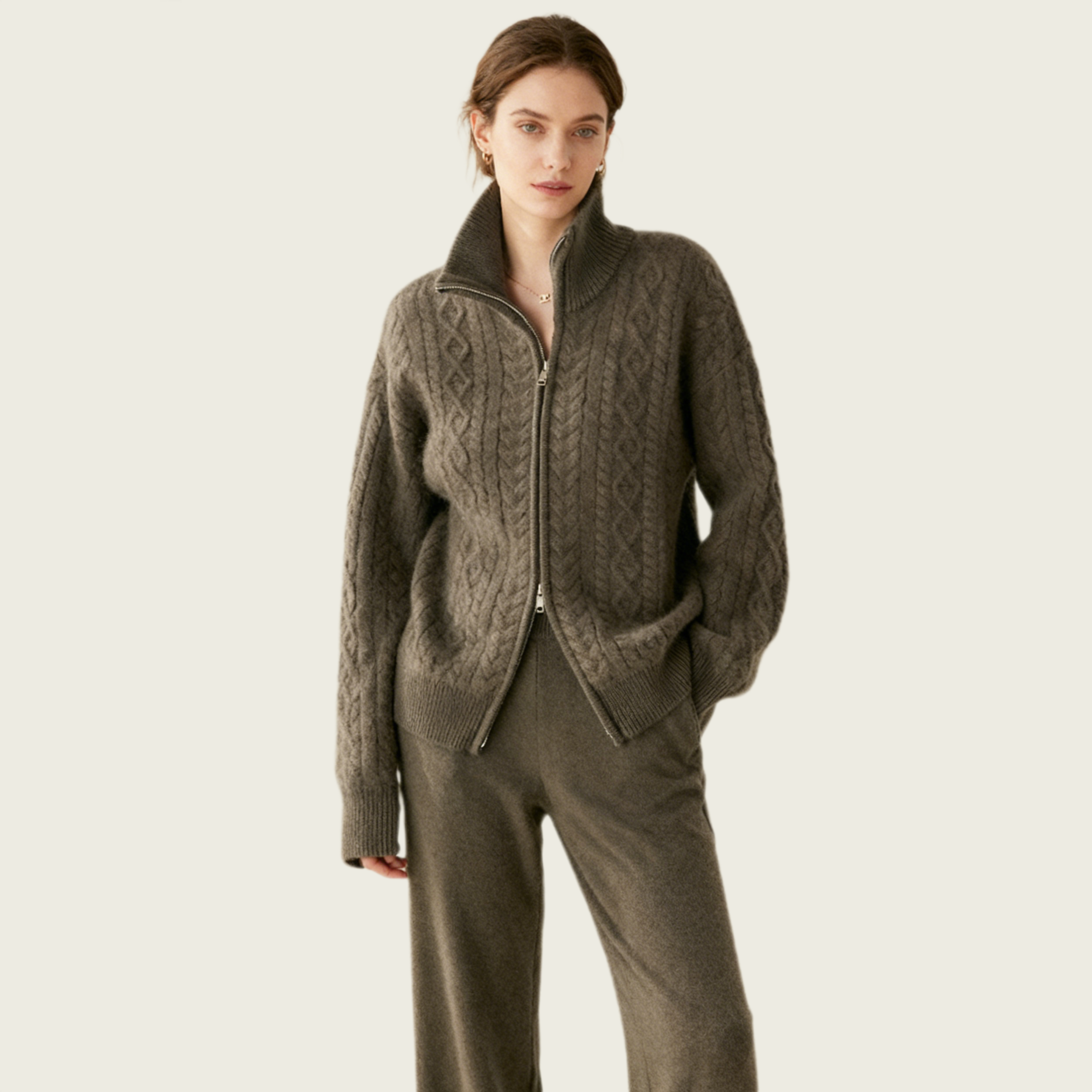 Women's Cable-Knit Cashmere Full-Zip Cardigan REAL SILK LIFE