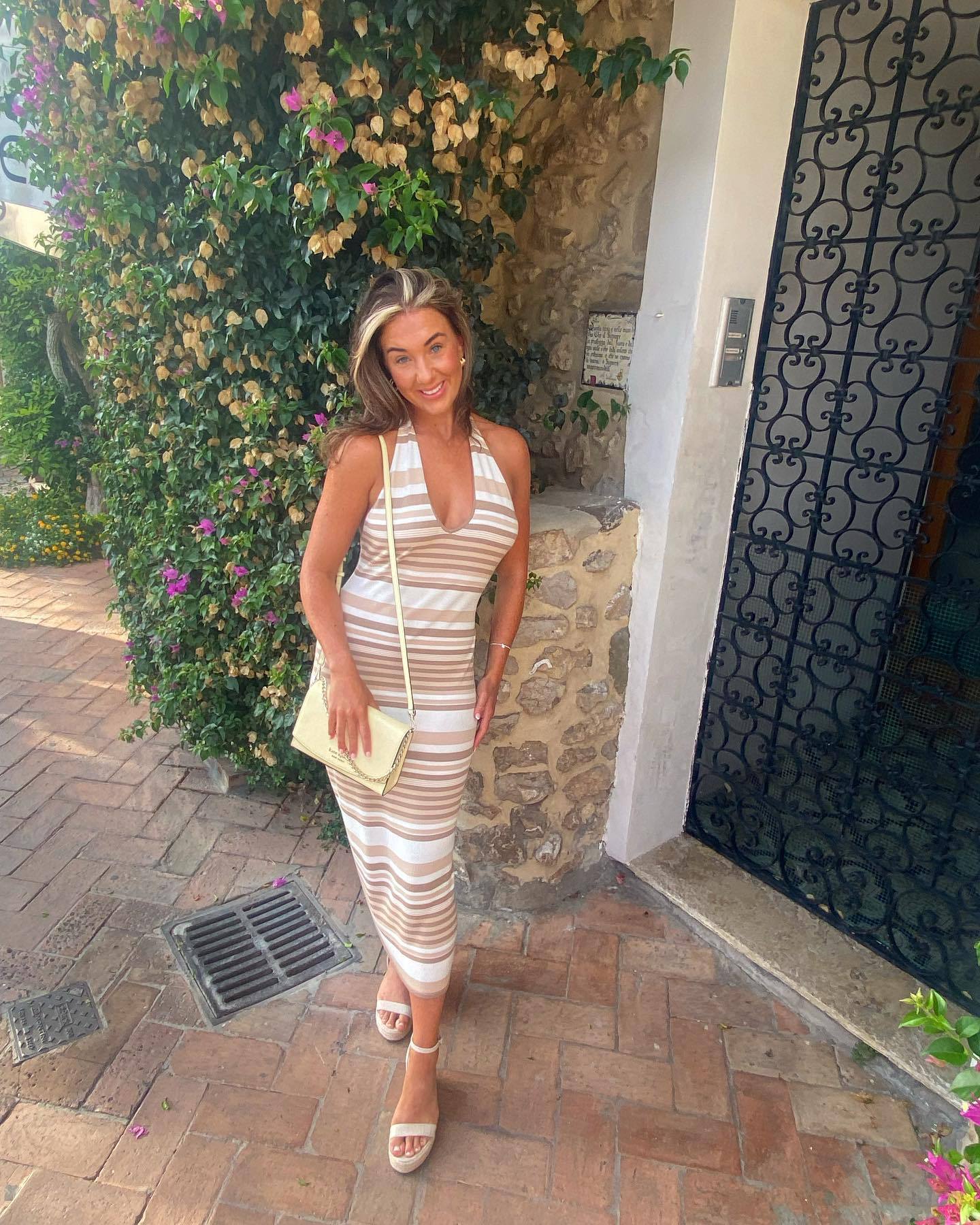 Ootddress Striped Knit Bandage Dress Female Backless Casual Beach Holiday V-Neck Slim High Waist Contrast Maxi Dress Women Clothes