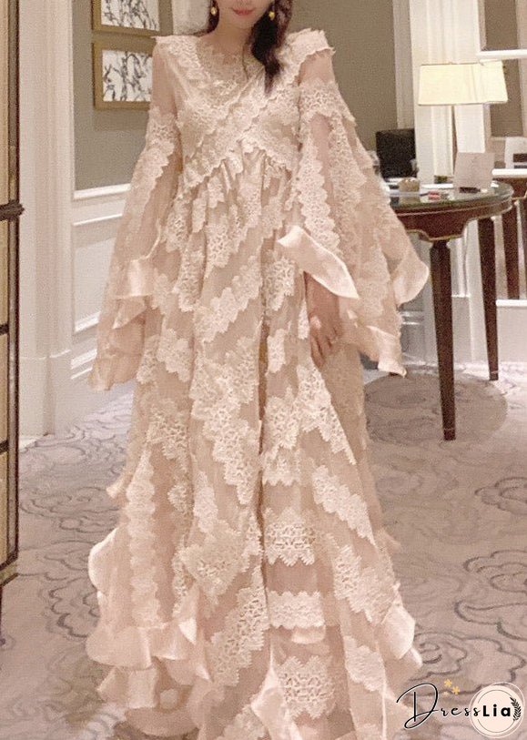 Women Apricot V Neck Patchwork Lace Maxi Dresses Long Sleeve