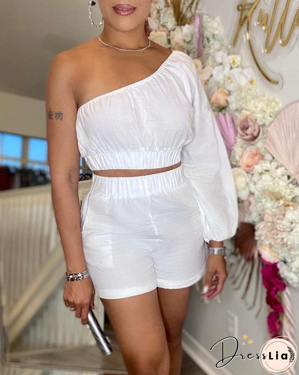 Solid Color One Shoulder Crop Top & Shorts Set