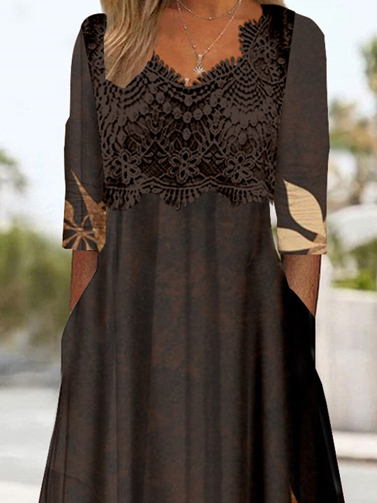 Women's Long Sleeve V-neck Graphic Lace Midi Dress