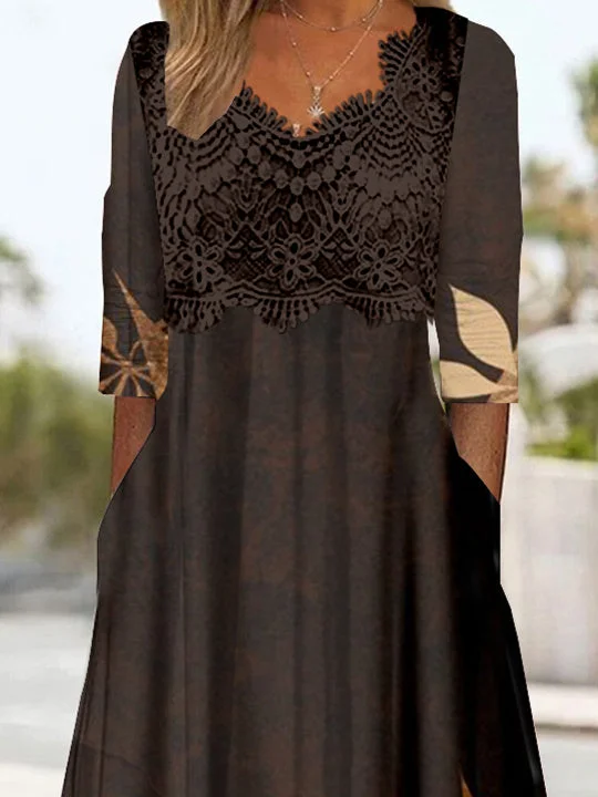 Women's Long Sleeve V-neck Graphic Lace Midi Dress