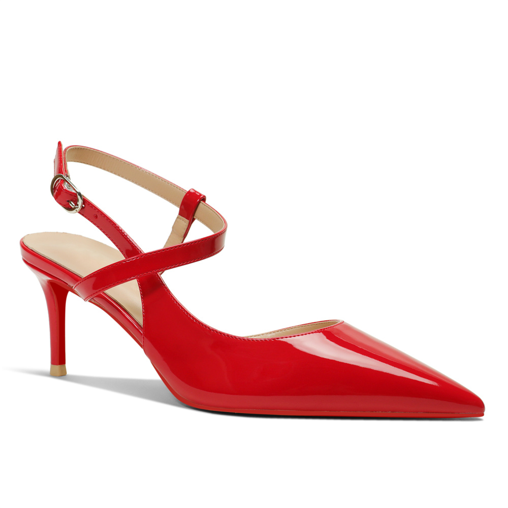 65mm Women Slingback Red Bottom Pumps Ankle Strap Jenlove Stiletto Mid Heel Close Pointed Toe Dress Red Soles Sandals Shoes-MERUMOTE