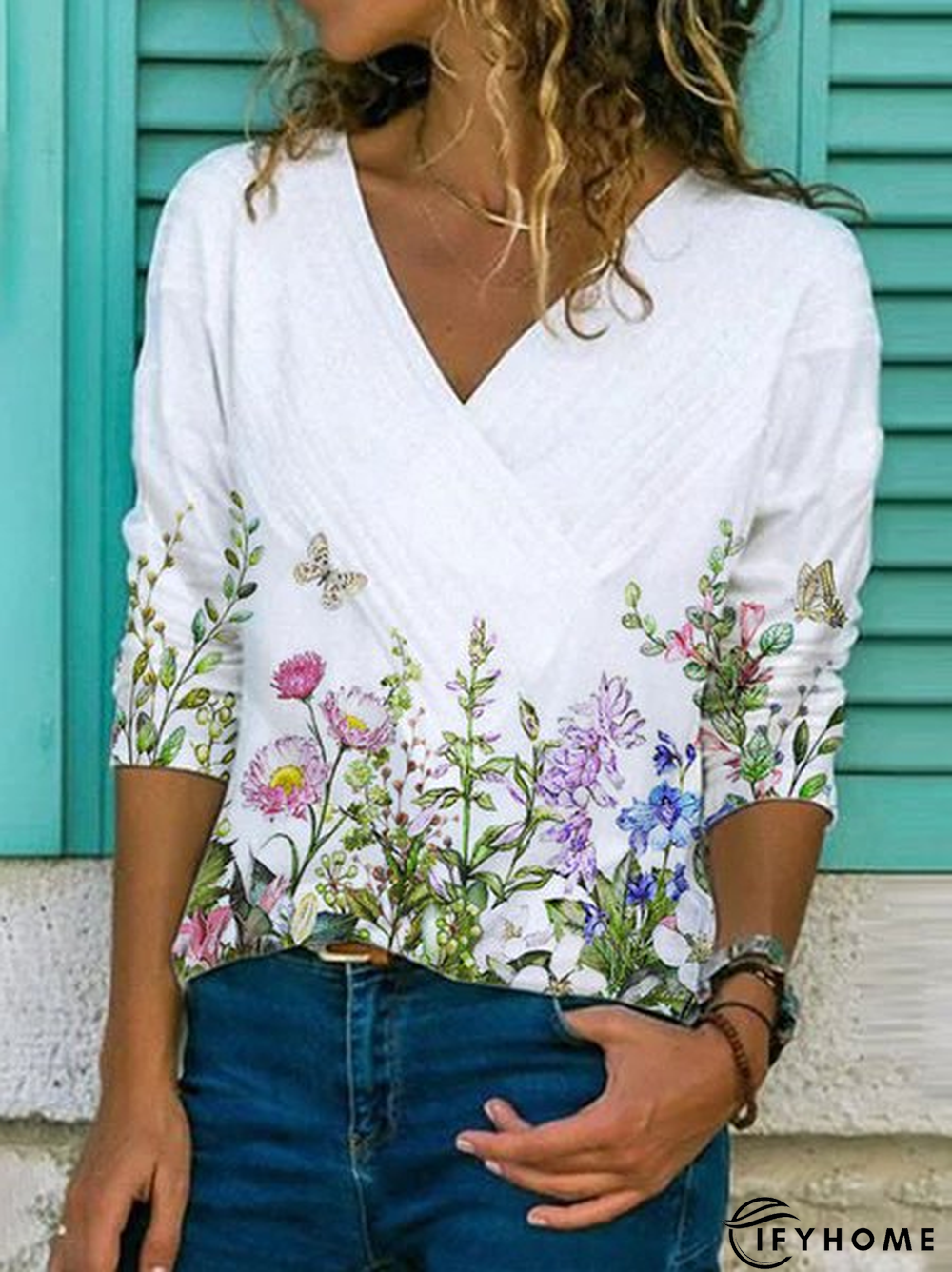 Casual Cotton-Blend Floral-Print Long Sleeve Top | IFYHOME