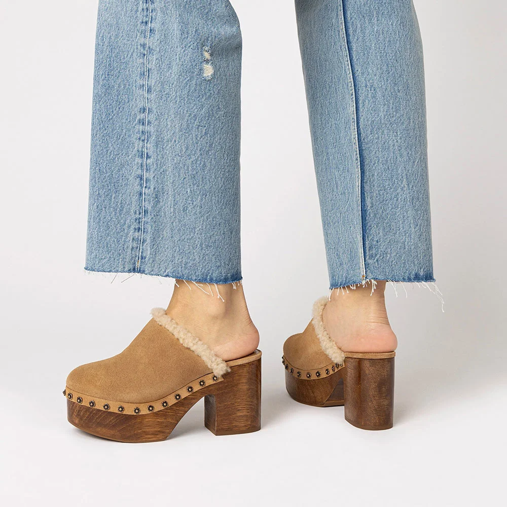 Tan Block Heel Platform Floral Studded Vegan Wool Mules for Women