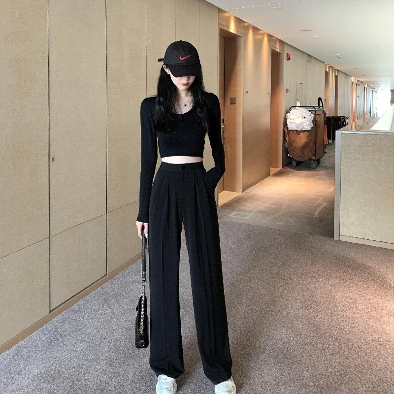 Toloer Toloer Waist Wide Leg Pants Women's Pants Autumn Hanging Feeling Loose Versatile Black Thin Suit Pants Casual Straight Leg Floor Pants-Outfit Ideas
