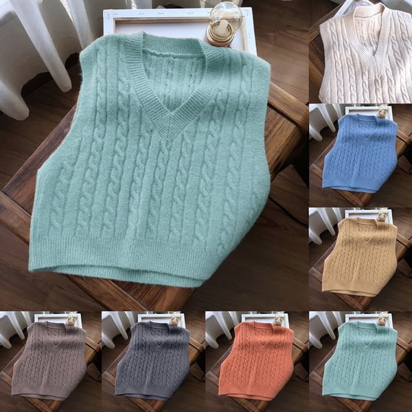 8 Colors Fashionable Solid Color V-neck Sweater Vest Women Loose Sleeveless Knitted Sweater Vest - Shop Trendy Women's Fashion | TeeYours