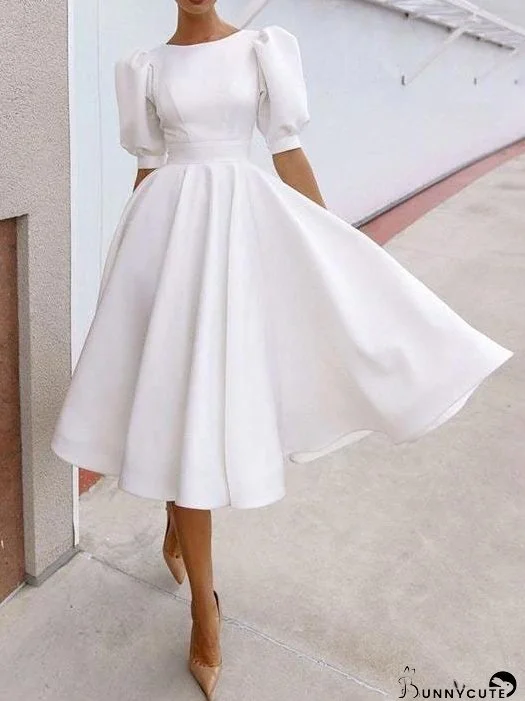 Fashion Solid Puff Mid Sleeve Big Swing Midi Dresses for Women