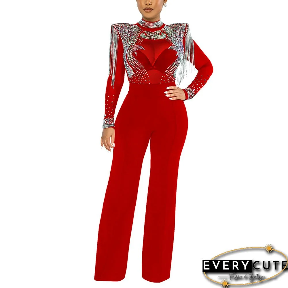 Red Rhinestone Mock Neck Tassel Jumpsuit