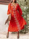 Retro Print V-Neck Loose Long Sleeve Empire Drawstring Casual Midi Dress